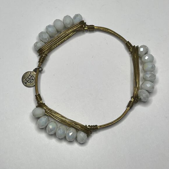 BOURBON & BOWETIES gold tone bracelet bangle petite faceted white beads jewelry - Picture 7 of 10